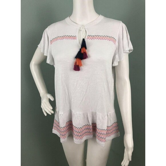 NWT Women's Neiman Marcus White Embroidered Tassel Tie Top Sz Large - Picture 2 of 10